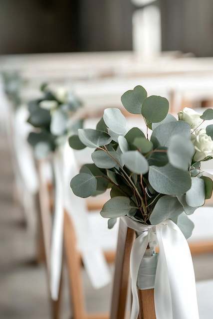 eucalyptus aisle markers Eucalyptus and white rose aisle marker tied with satin ribbon on a wooden chair, adding soft greenery to a simple modern ceremony.