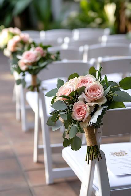 programs for wedding ceremony Soft pink rose bouquets tied to white ceremony chairs along the aisle at an outdoor garden wedding.