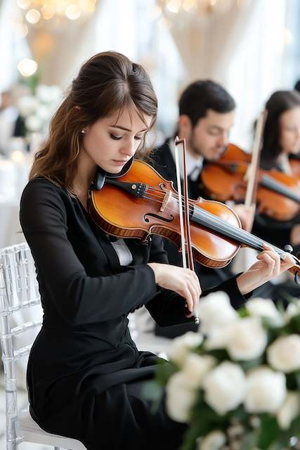 string trio playing at wedding ceremony Violinist in black dress performing during an elegant wedding ceremony surrounded by soft white floral decor.
