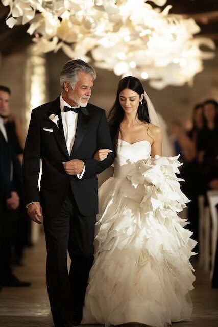 traditional wedding ceremony Bride walking down the aisle with her father in an elegant wedding ceremony under soft floral lighting.