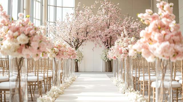 Wedding Ceremony Budget: Where to Splurge or Skip 7 Romantic aisle lined with blush flowers and gold chairs under cherry blossom arches leading to a soft white ceremony backdrop