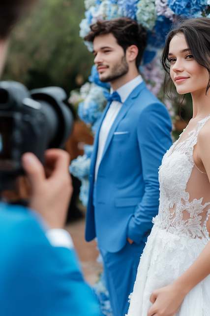 wedding photographer Bride in lace gown and groom in blue suit by a blue floral arch as a videographer films during their outdoor wedding ceremony