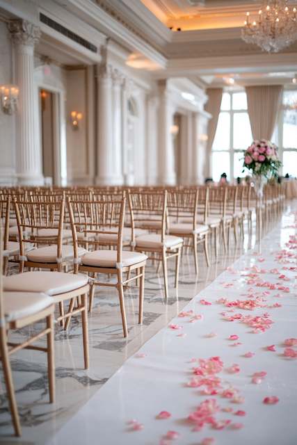 wedding venue Ballroom ceremony setup with gold chiavari chairs, white aisle runner, and pink rose petals leading to a tall floral arrangement