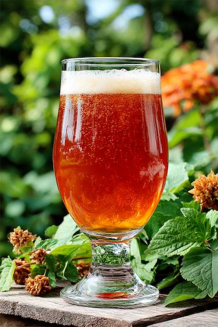 Amber Ale Chilled amber beer served in a tulip glass, with a frothy top, set against a vibrant green background