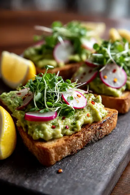 Avocado Toast Bar Avocado toast topped with radish slices and microgreens with chili flakes on rustic bread with lemon wedges on a board