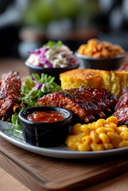 BBQ Ribs BBQ ribs glazed with rich sauce served with mac and cheese, cornbread, coleslaw, and baked beans on a rustic wooden table—perfect for a barn wedding feast.
