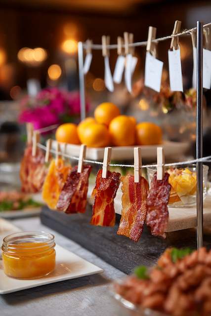 Bacon Flight - Various Flavored and Candied Bacon Served on Mini Clotheslines Flavored and candied bacon strips hanging from mini clotheslines, creating an interactive and savory late-night snack display with small clothespins