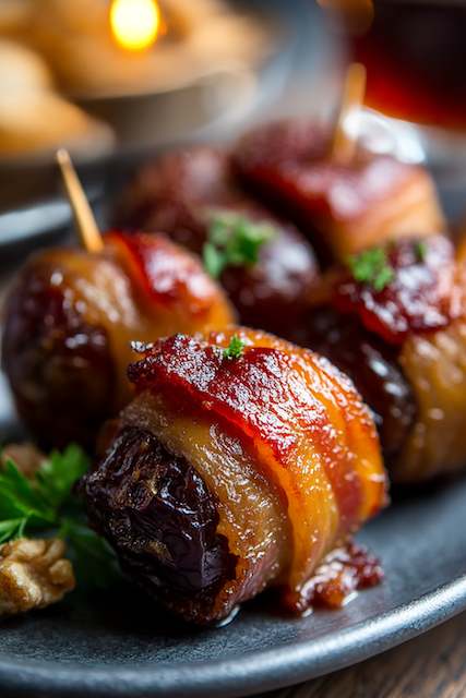 Bacon-Wrapped Dates Bacon-wrapped dates stuffed with goat cheese, baked until caramelized and golden, served on a dark platter with fresh parsley garnish for a rustic barn wedding appetizer.