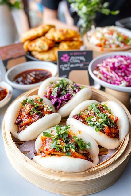 Bao Bun Station Steamed bao buns filled with Korean BBQ beef, kimchi slaw, and fresh herbs, presented in a bamboo steamer — a flavorful fusion option for a late-night wedding snack station.