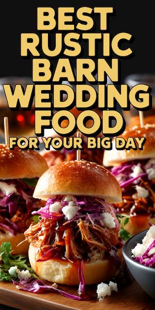 Best Rustic Barn Wedding Food for Your Big Day Pulled pork sliders topped with red cabbage slaw and crumbled cheese on brioche buns under bold text reading “Best Rustic Barn Wedding Food for Your Big Day.”