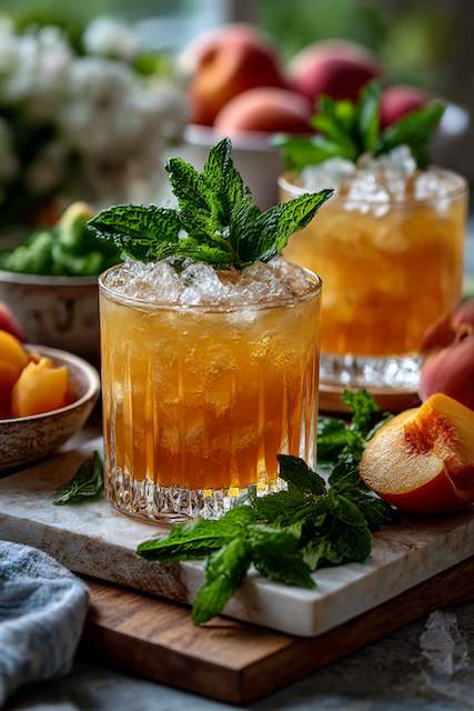 Bourbon Peach Smash Close-up of refreshing peach cocktails garnished with mint leaves, surrounded by fresh peaches and a soft, rustic background