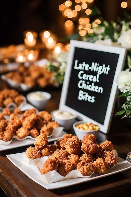 Breakfast Cereal-Crusted Fried Chicken Bites Cereal-crusted chicken bites served with dipping sauces, glowing under candlelight — a crunchy, sweet-and-savory late-night wedding snack guests can’t resist.