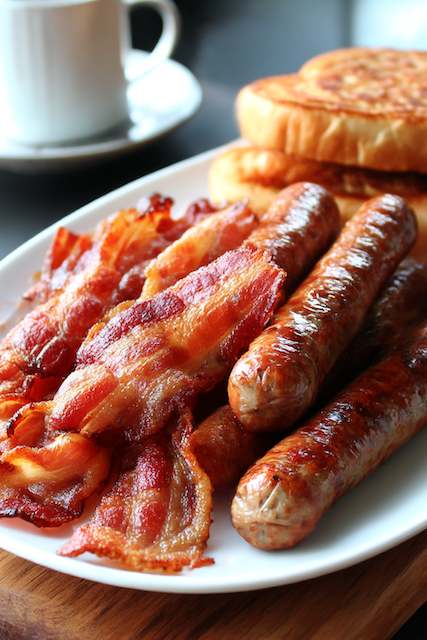 Breakfast Meats Crispy bacon and grilled sausage links on a white plate with pancakes and coffee, a hearty brunch option for an elegant wedding reception buffet