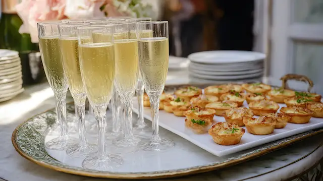 Brunch Food Ideas Perfect for Your Wedding Reception 2 Champagne flutes on a tray beside bite size brunch canapés at an elegant wedding reception, with plates ready for guests