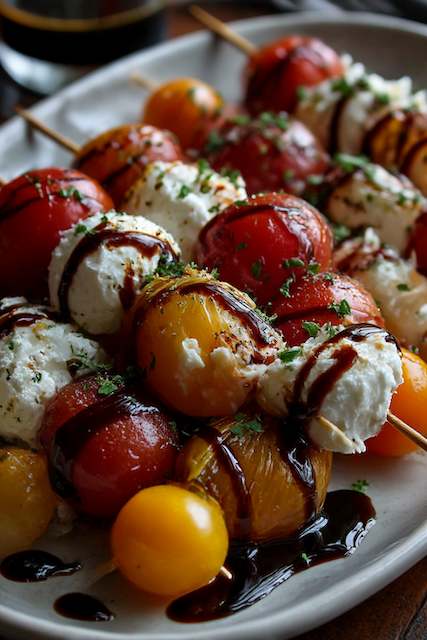 Caprese Skewers With Heirloom Tomatoes Caprese skewers with heirloom cherry tomatoes, mozzarella balls, and basil drizzled with balsamic glaze, garnished with herbs for a colorful rustic wedding appetizer.