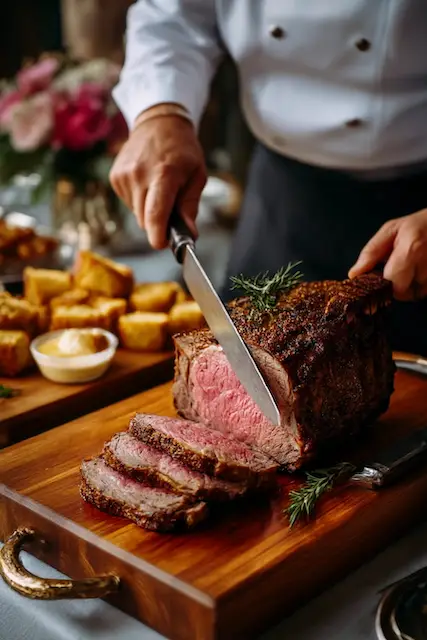 Carving Station Chef carving prime rib at a brunch carving station with rosemary garnish and Yorkshire puddings in the background.