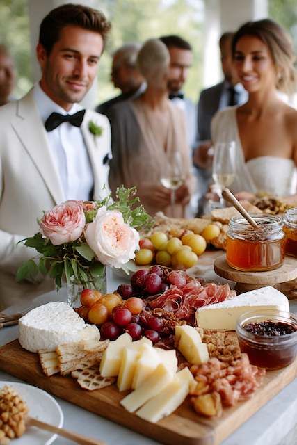 Cheese And Charcuterie Boards With Local Honey And Preserves Bride and groom at a rustic wedding reception standing beside a charcuterie board with cheese, prosciutto, grapes, honey, and flowers on a wooden table.