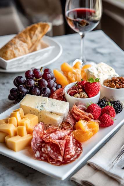 Cheese & Charcuterie Charcuterie board with salami cheeses berries grapes nuts and red wine on a table for a brunch wedding spread.