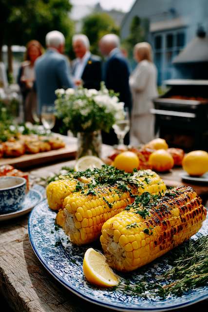 Corn On The Cob Grilled corn on the cob, garnished with fresh herbs and served with lemon wedges, perfect for a rustic barn wedding feast