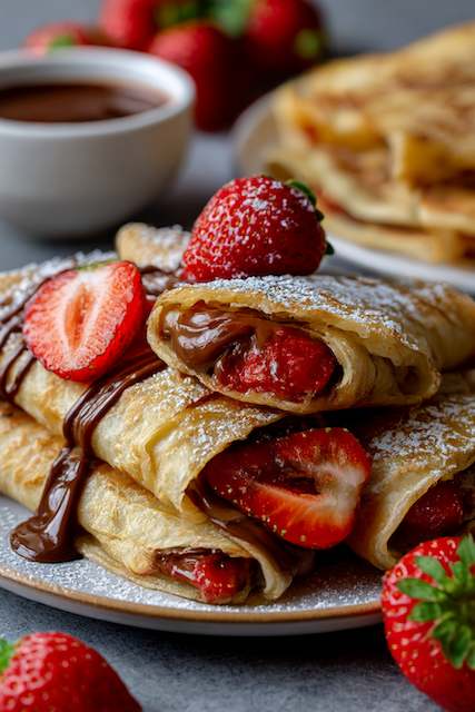 Crepe Station Chocolate hazelnut crepes filled with fresh strawberries, topped with powdered sugar and melted chocolate for a brunch wedding dessert station