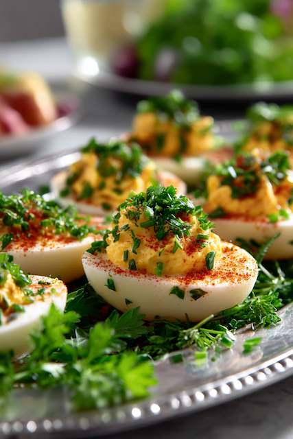 Deviled Eggs With Paprika Deviled eggs topped with paprika and fresh chives on a silver platter lined with parsley, perfect for a rustic barn wedding appetizer.