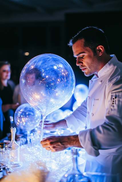 Edible Helium Balloons Made From Sugar Chef preparing edible helium balloons made from sugar, creating a unique and interactive experience for wedding guests with floating sugary bubbles
