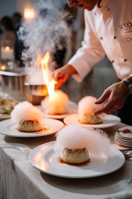 Flaming Cotton Candy Mini baked Alaska Chef igniting a dessert with flames, creating a dramatic smoky effect on white plates with a soft, cotton candy-like garnish