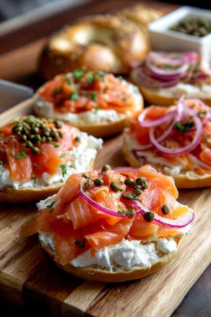Fresh bagels with cream cheese, smoked salmon Bagels topped with cream cheese smoked salmon capers and red onion on a wooden board for a brunch wedding bagel bar