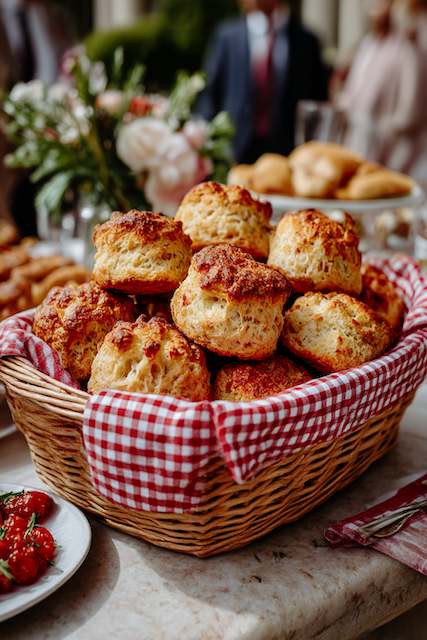 Fresh biscuits Freshly baked biscuits served in a rustic basket with a gingham cloth, perfect for a barn wedding breakfast or dinner