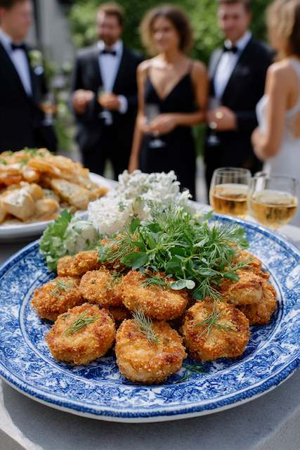 Fried Green Tomatoes Crispy fried green tomatoes garnished with fresh dill and herbs, beautifully arranged on a blue patterned platter at an elegant outdoor wedding reception with guests in the background.