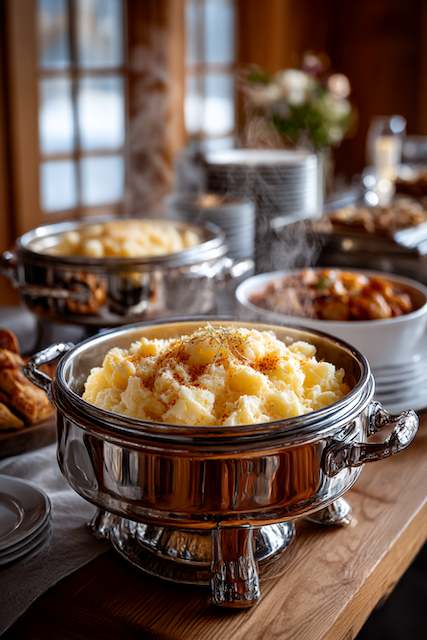 Garlic Smashed Potatoes Fluffy mashed potatoes served in a chafing dish, topped with a sprinkle of paprika and fresh herbs, perfect for a rustic barn wedding buffet