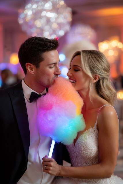Glow-in-the-dark cotton candy on LED sticks Bride and groom sharing a moment with a giant rainbow glow-in-the-dark cotton candy on an LED stick — a whimsical, photo-worthy late-night wedding treat that lights up the dance floor.