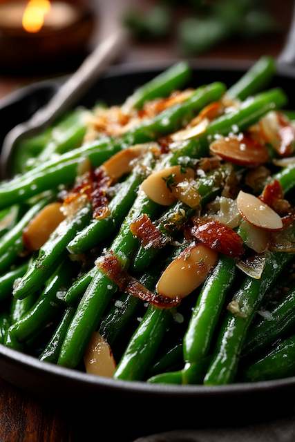 Green Beans Almondine Green beans sautéed with bacon and toasted almonds, topped with fresh herbs, served in a rustic skillet, perfect for a barn wedding meal
