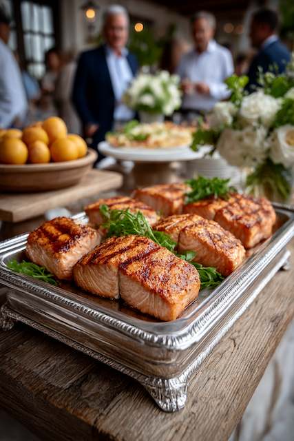 Grilled Salmon Grilled salmon fillets on a silver serving tray with fresh greens, perfect for rustic barn wedding catering