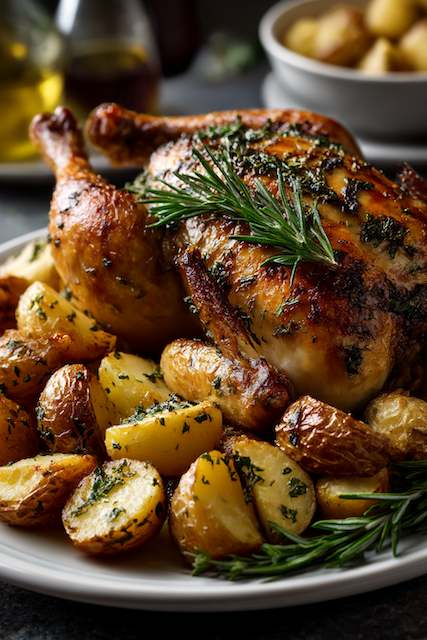 Herb-Roasted Chicken Herb-roasted chicken with golden potatoes garnished with rosemary, served on a white plate—perfect as a rustic barn wedding entrée.