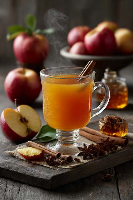 Hot Apple Cider Warm apple cider in a glass mug with a cinnamon stick, surrounded by fresh apples, cinnamon sticks, and star anise on a rustic wooden surface