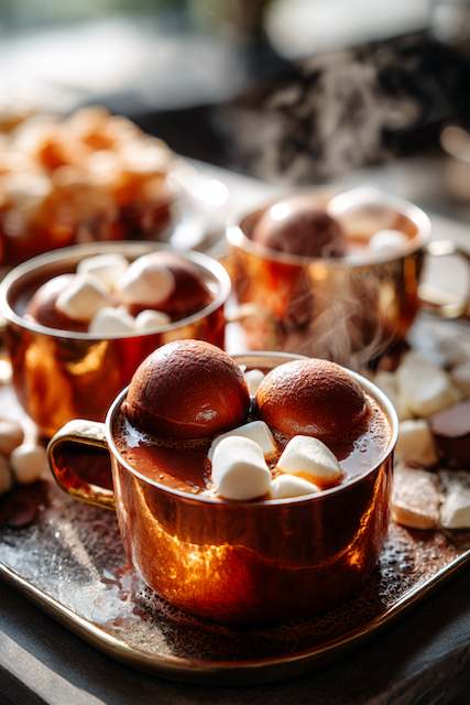 Hot chocolate “bombs” that melt in hot milk to reveal marshmallows and flavors Hot chocolate served in copper mugs with two chocolate balls, topped with marshmallows, creating a cozy and inviting late-night wedding treat
