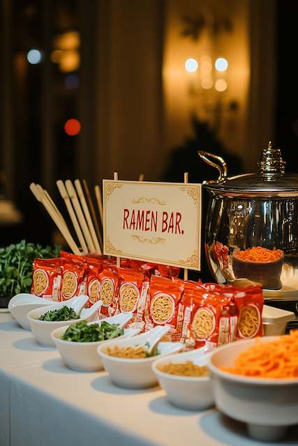 Instant noodle cups Elegant self-serve ramen bar setup with red noodle packets, fresh herbs, and toppings in white bowls beside a large silver soup pot — a cozy, customizable late-night wedding food station perfect for guests craving something warm after the dance floor.