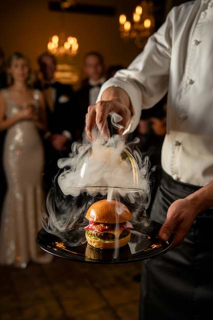 Interactive smoke-infused food under cloches that release aromas when lifted A server lifting a cloche from a smoke-infused burger, with the crowd in the background admiring the dramatic presentatio