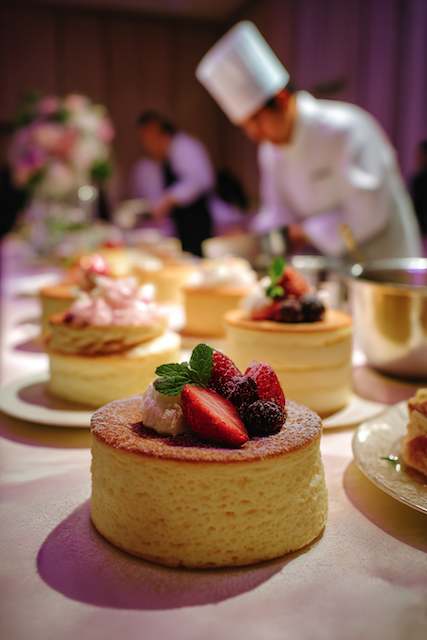 Japanese soufflé pancake station with chef Mini Japanese soufflé pancakes topped with fresh berries and whipped cream—an interactive, Instagram-worthy treat for your late-night wedding snack station.