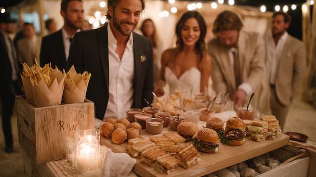 Late Night Wedding Snacks That Work Midnight Munchies Magic A couple smiling and selecting snacks from a rustic late-night snack station, with a variety of sandwiches, burgers, and crispy fries in the foreground