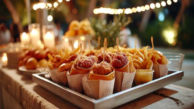 Late Night Wedding Snacks So Unexpected They’ll Go Viral 5 Tray of paper cones with mini burgers and shoestring fries at an outdoor wedding reception, glowing string lights in bokeh.