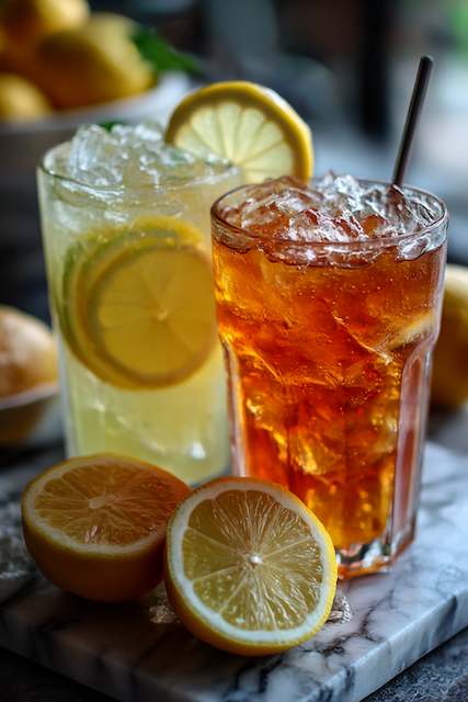 Lemonade And Iced Tea Two refreshing iced drinks with lemon slices, one a lemon iced tea with a straw and the other a clear lemon soda, placed on a marble surface surrounded by fresh lemon wedges