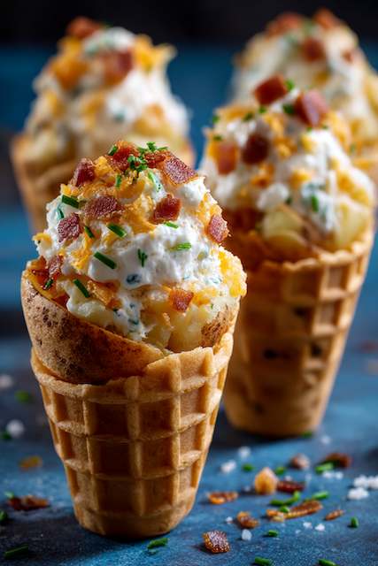 Loaded baked potato ice cream cones (potato in waffle cone with toppings) Mini waffle cones filled with mashed potatoes, topped with sour cream, crispy bacon bits, and chives, offering a savory twist on classic comfort food