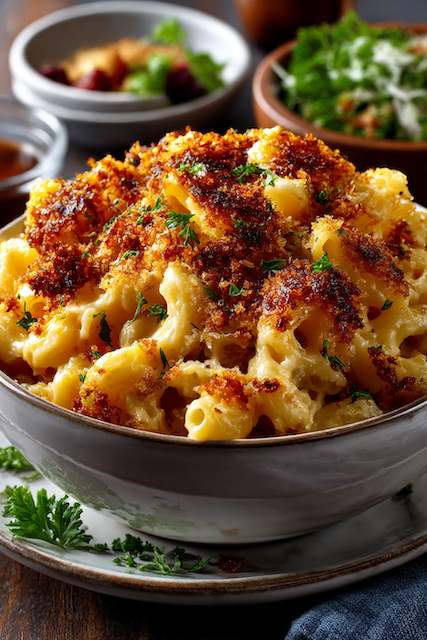 Macaroni And Cheese A comforting bowl of macaroni and cheese, topped with a golden breadcrumb crust and fresh parsley, served as a delicious side dish at a rustic barn wedding