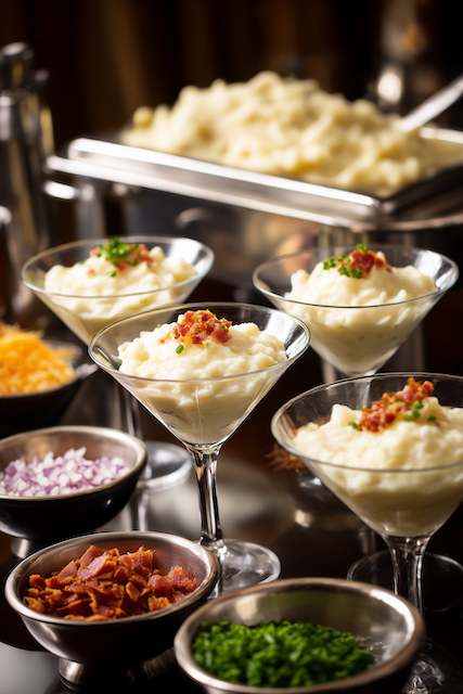 Mashed potato martini bar - whipped potatoes in martini glasses Mashed potato martini bar with creamy whipped potatoes served in elegant martini glasses, topped with bacon bits, chives, and cheese — a cozy, interactive late-night wedding snack guests will love customizing.