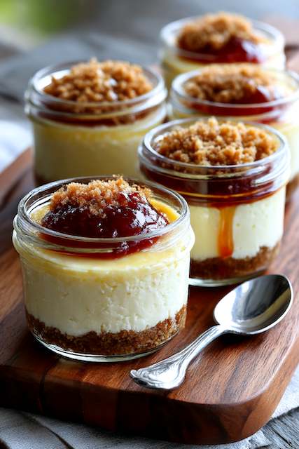 Mini Cheesecakes In Mason Jars Mini cheesecakes in mason jars topped with fruit preserves and a crunchy graham cracker crumble, arranged on a wooden board