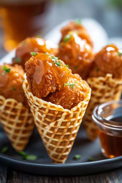 Mini Chicken And Waffle Cones Mini fried chicken bites served in waffle cones and drizzled with maple syrup — a playful late-night wedding snack that blends sweet and savory.
