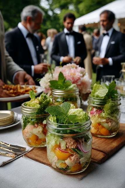 Mini Mason Jar Salads Mini mason jar salads layered with lettuce, tomatoes, cucumbers, and herbs on a wooden board at an outdoor wedding reception with guests in tuxedos mingling nearby.