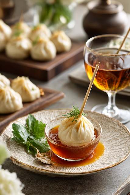 Mini soup dumplings with straws to sip broth before eating Mini dumplings served in a glass bowl with dipping sauce, garnished with herbs, with a glass of dark drink in the background